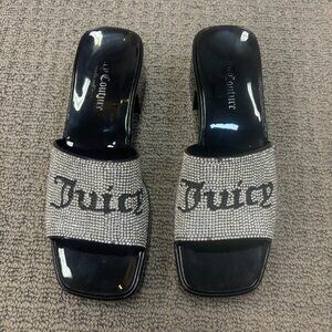 Y2K Juicy Couture Sandals 8 Black Silver Rhinestone Slip On Slides Mules Flaw